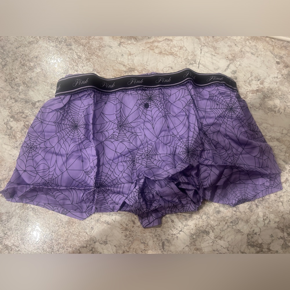 VS PINK Pajama Shorts Halloween Purple Spiderwebs Medium  NWT